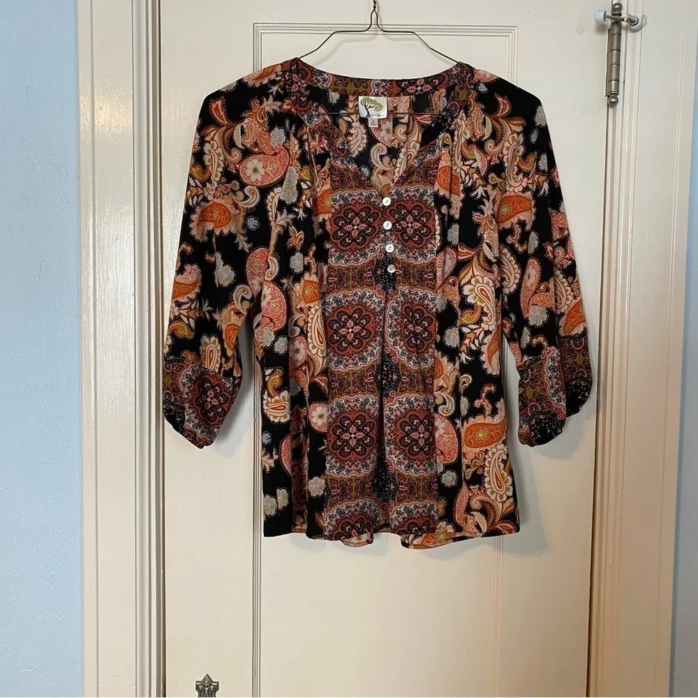Fig & Flower Boho or Cottage Core Floral Vibrant Loose Fitting Blouse Size S - Picture 2 of 8